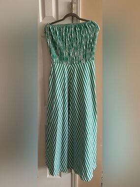 Green and White Striped Smocked Sleeveless Maxi Dress